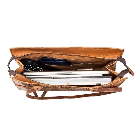 Embossed Leather Tote Handbag brown, handmade leather bag - inside View