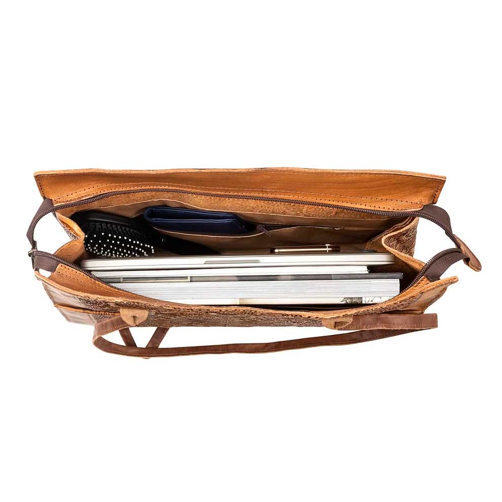 Embossed Leather Tote Handbag brown, handmade leather bag - inside View