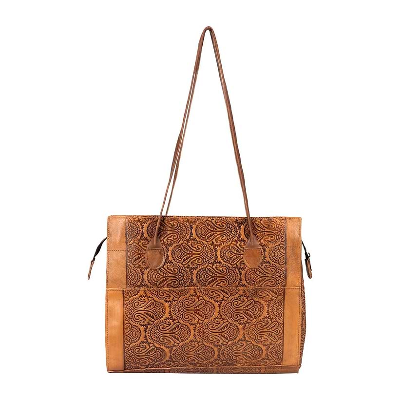 Embossed Leather Tote Handbag brown, handmade leather bag - Front View