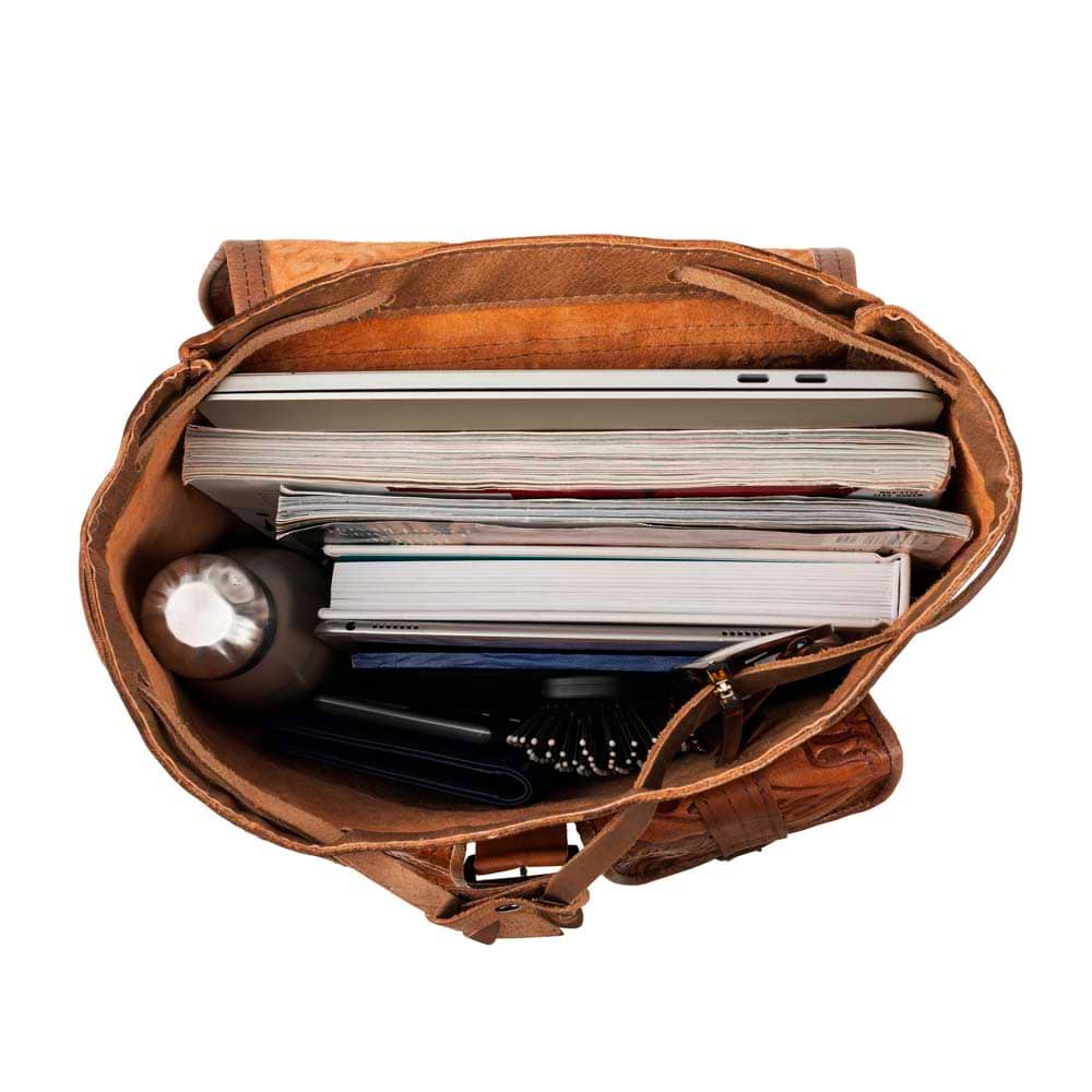 Embossed Front Pocket Backpack brown, handmade leather bag - inside View
