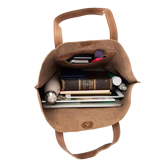 Leather Tote Handbag Brown, handmade leather bag - Inside View