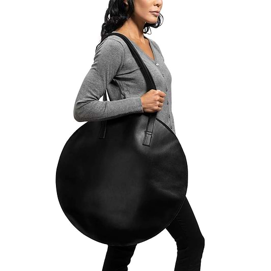 Leather Round Tote Handbag Black, handmade leather bag - Model View