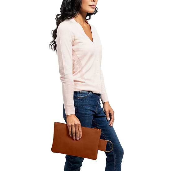 Leather Makeup Bag in yellow suede - model view