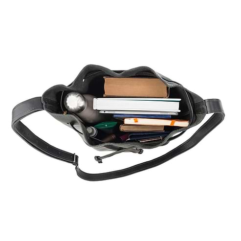 handmade Leather Bucket Bag black - inside view