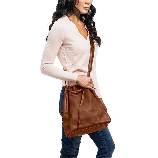 handmade Leather Bucket Bag honey - model view