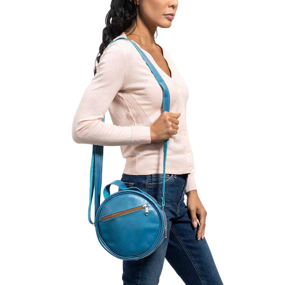 Round Leather Bag in blue - model View