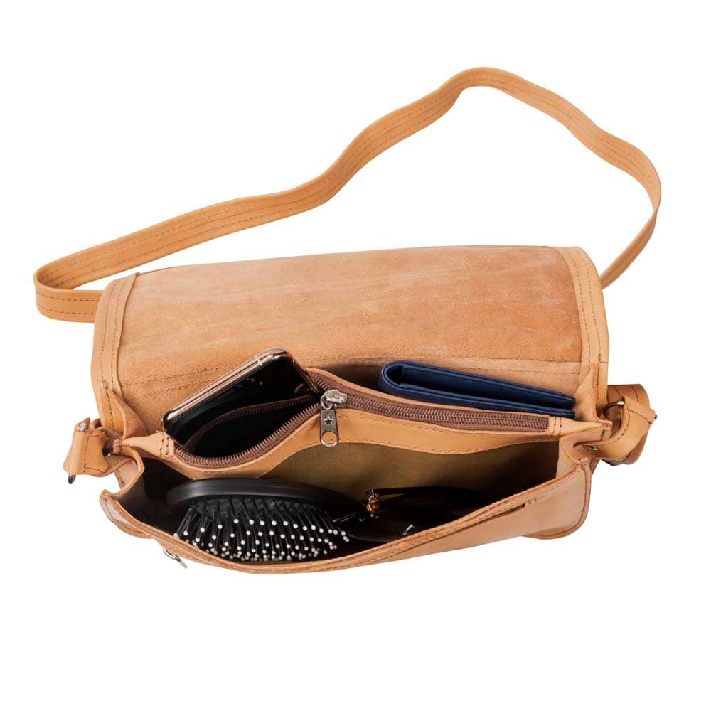 Med Cross Body Bag Tan, handmade leather bag - inside View