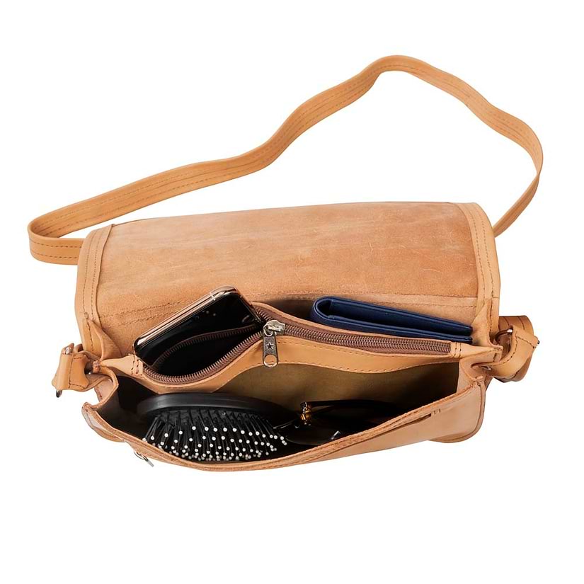 Med Cross Body Bag Tan, handmade leather bag - inside View