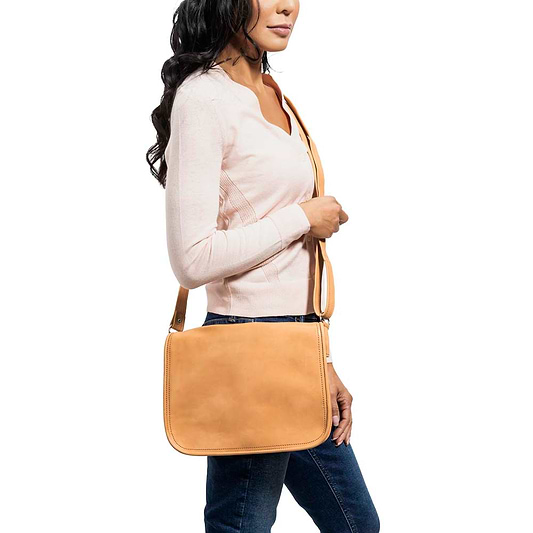 Med Cross Body Bag Tan, handmade leather bag - model View