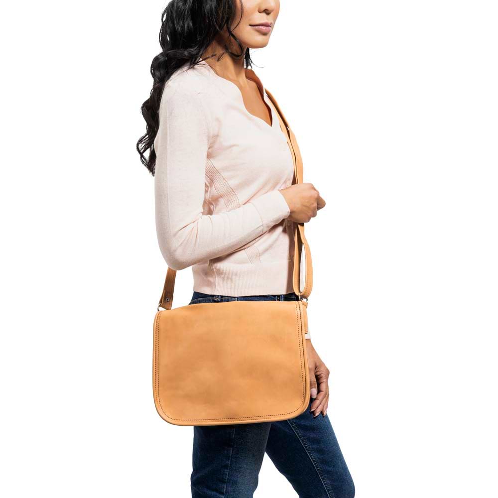 Med Cross Body Bag Tan, handmade leather bag - model View