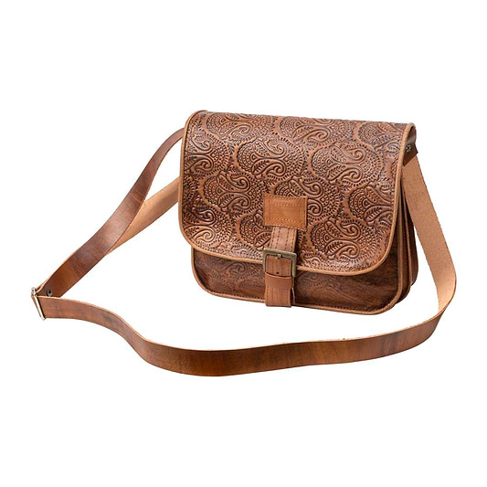 Embossed Messenger Bag brown, handmade leather bag - Front View