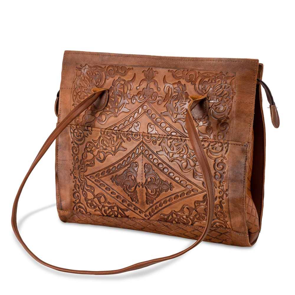 Embossed Leather Tote Handbag brown, handmade leather bag - Front View