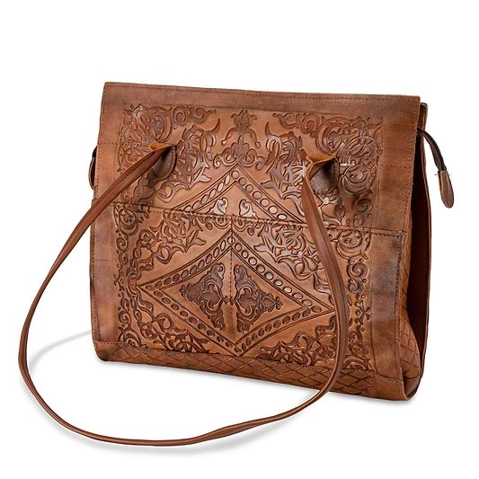 Embossed Leather Tote Handbag brown, handmade leather bag - Front View