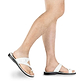 Model wearing Abner White, handmade leather slide sandals with toe loop - Side View