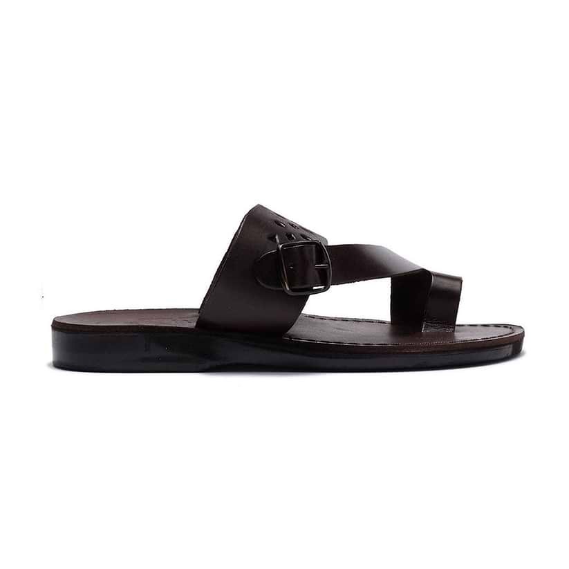 Ezra Brown, handmade leather slide sandals with toe loop - Side View