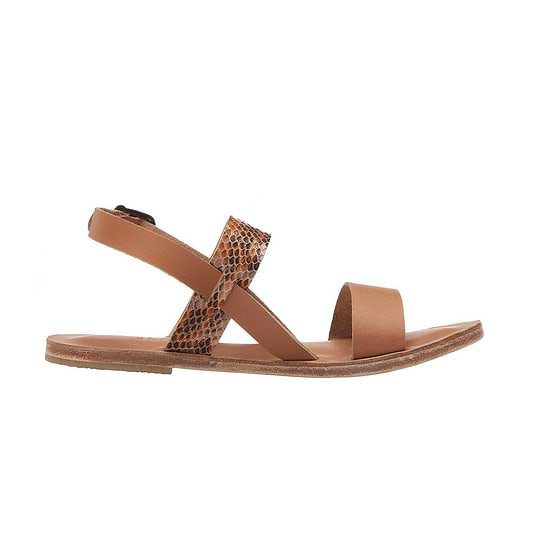 Abbot Kinney Blvd tan snake skin, handmade leather buckle sandals with front loop - Side View