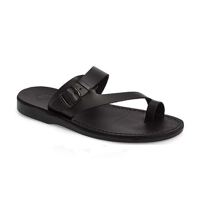 Abner black, handmade leather slide sandals with toe loop - Front View