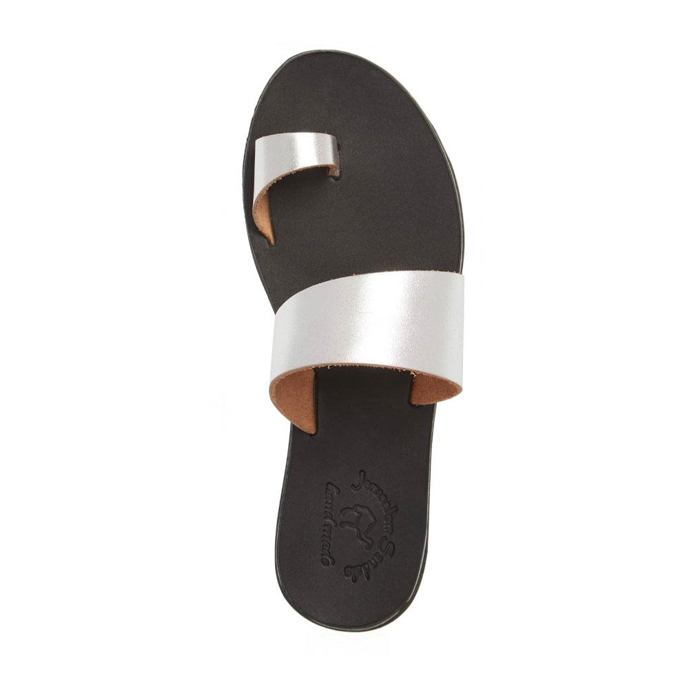 Abra silver, handmade leather slide sandals with toe loop - Side View