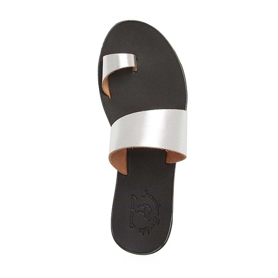 Abra silver, handmade leather slide sandals with toe loop - Side View