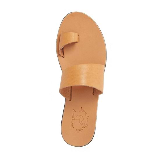 Abra tan, handmade leather slide sandals with toe loop - Side View