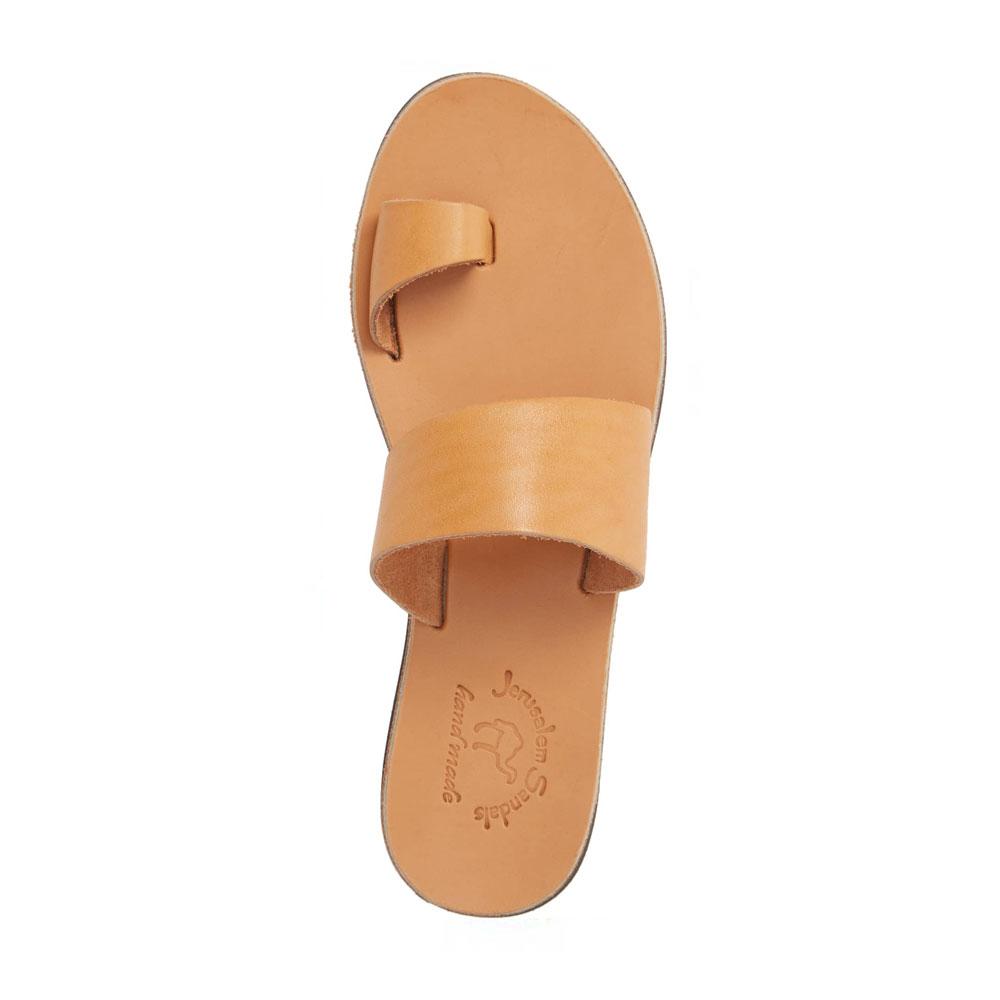 Abra tan, handmade leather slide sandals with toe loop - Side View