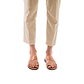 Model wearing Abra tan, handmade leather slide sandals with toe loop 
