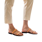 Model wearing Ada tan, handmade leather slide sandals 