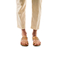 Model wearing Angela tan, handmade leather slide sandals with toe loop 