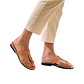 Model wearing Ara tan, handmade leather slide sandals with toe loop 