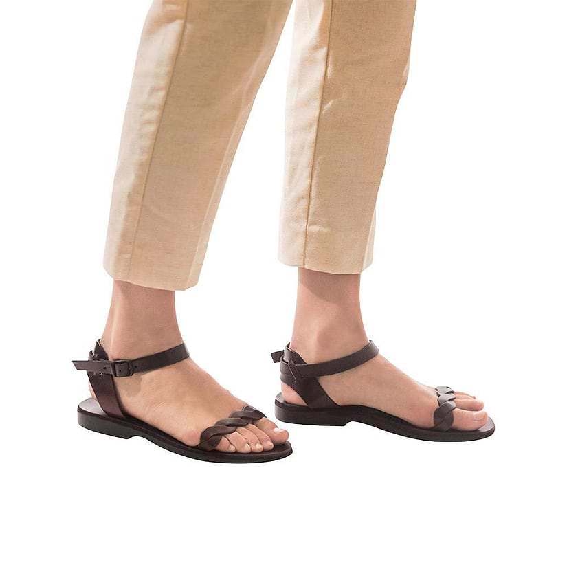 Model wearing Arden brown, handmade leather sandals with back strap  