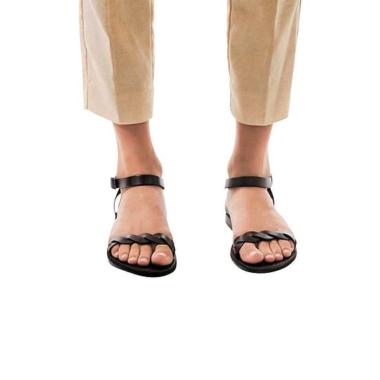 Model wearing Arden brown, handmade leather sandals with back strap  