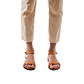 Model wearing Arden tan, handmade leather sandals with back strap  