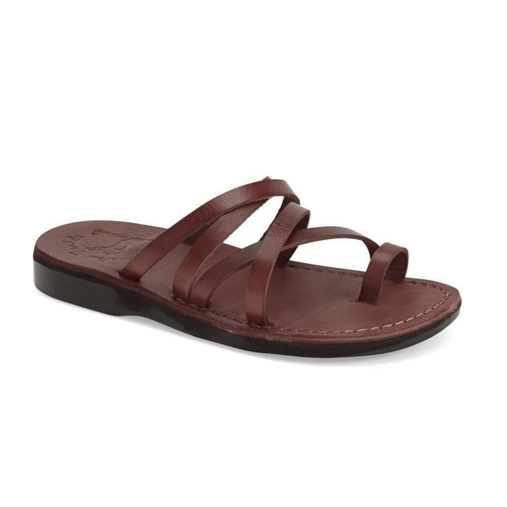 Ariel brown, handmade leather slide sandals with toe loop - Front View
