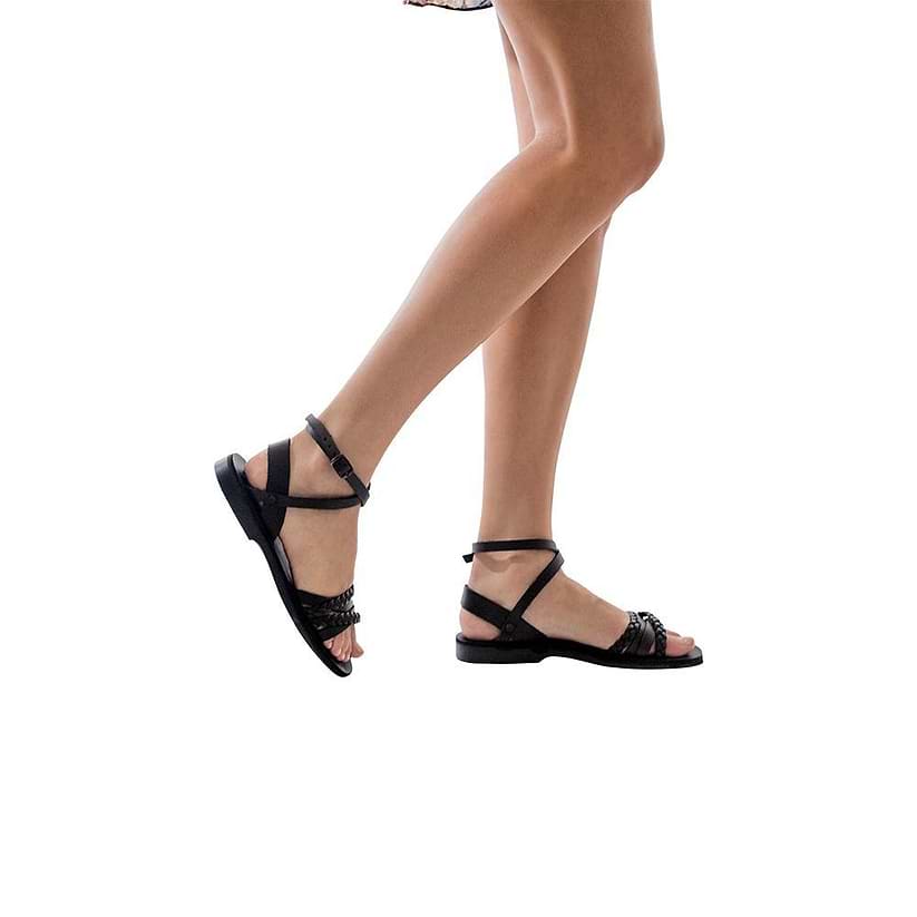 Model wearing Asa black, handmade leather sandals with back strap 