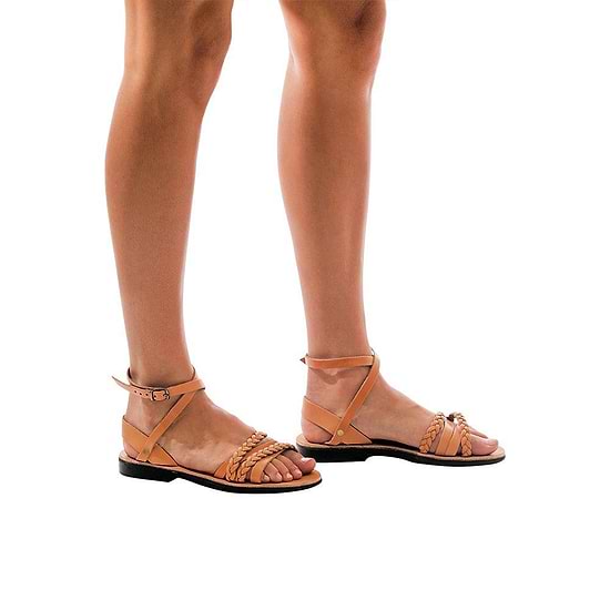 Model wearing Asa tan, handmade leather sandals with back strap 