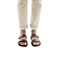 Model wearing Aviv black, handmade leather slide sandals 