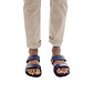 Model wearing Aviv blue, handmade leather slide sandals 