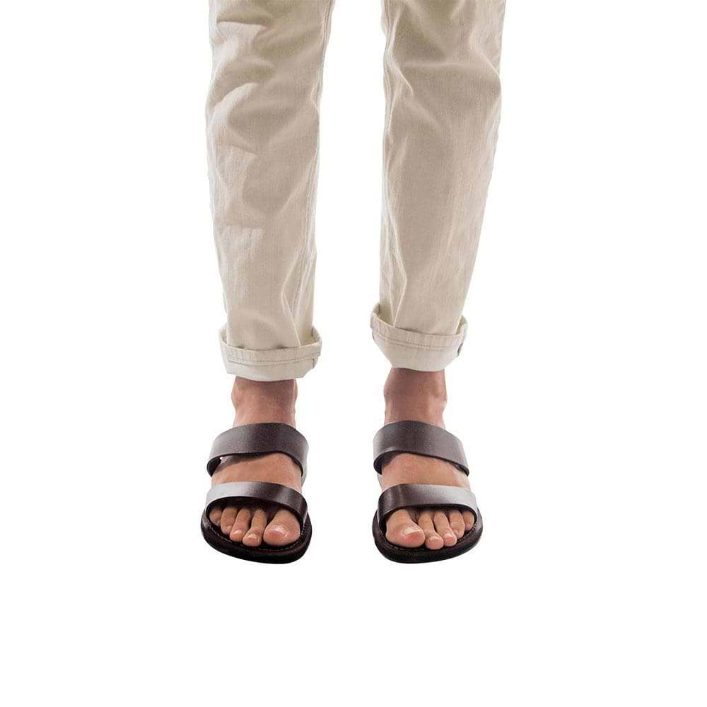 Model wearing Aviv brown, handmade leather slide sandals 