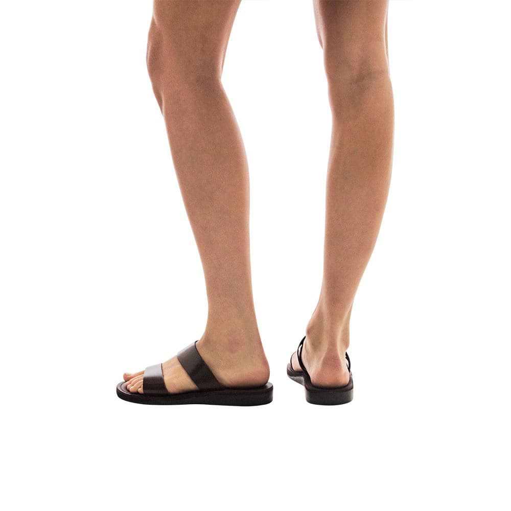 Model wearing Aviv brown, handmade leather slide sandals 