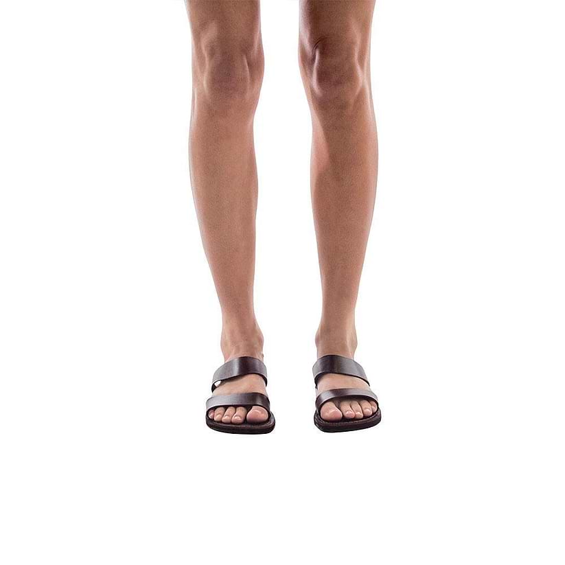 Model wearing Aviv brown, handmade leather slide sandals 