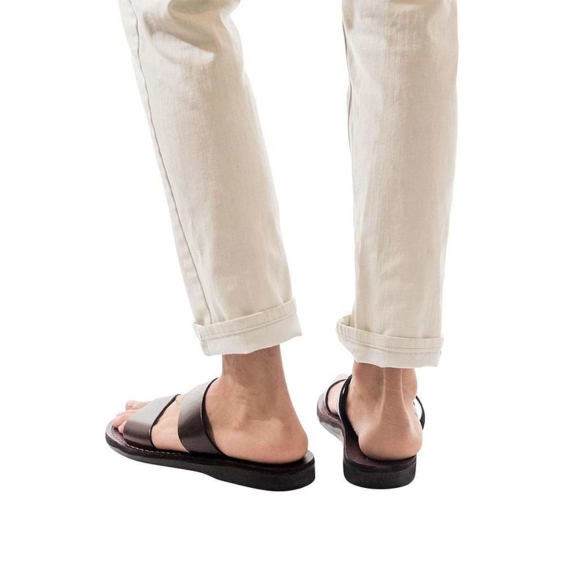 Model wearing Aviv brown, handmade leather slide sandals 