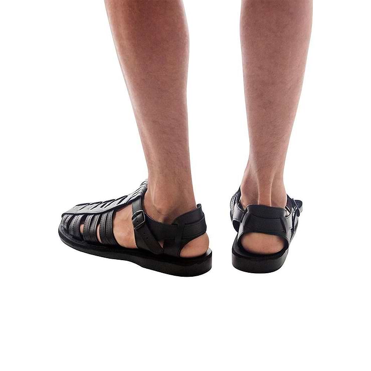 Model wearing Barak Black, handmade leather sandals fisherman sandal silhouette
