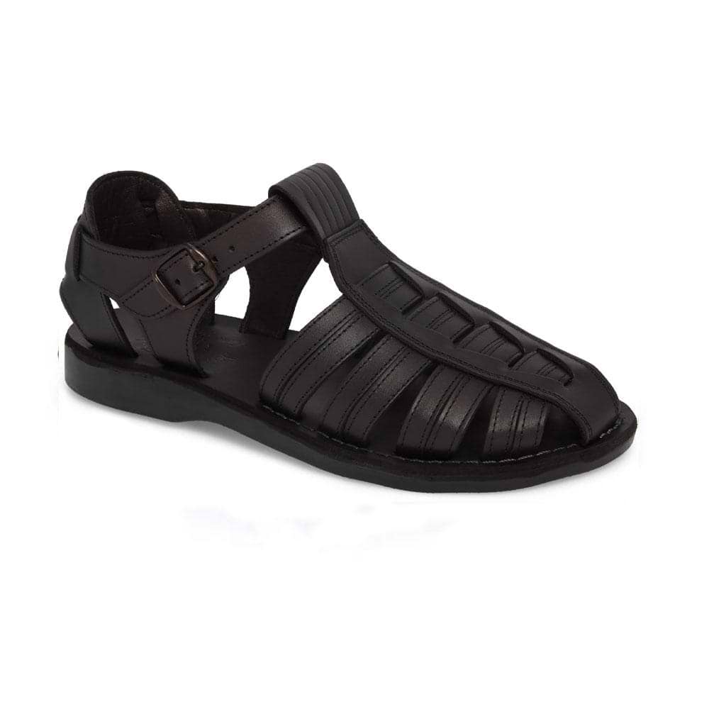 Barak Black, handmade leather sandals fisherman sandal silhouette. Front View 