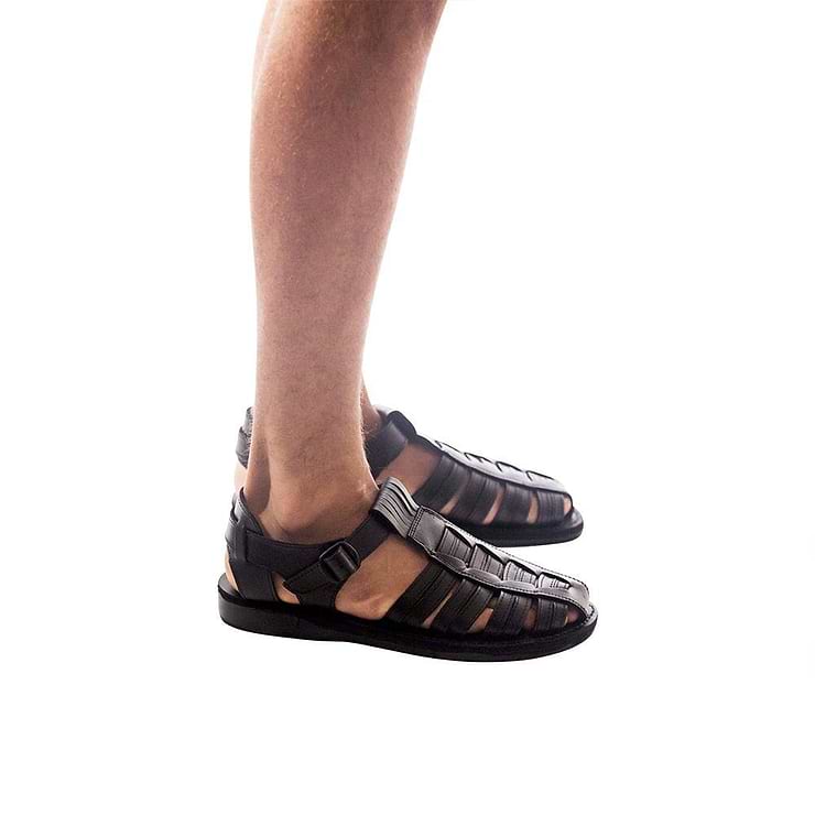 Model wearing Barak Black, handmade leather sandals fisherman sandal silhouette