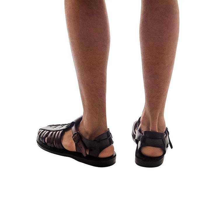 Model wearing Barak brown, handmade leather sandals fisherman sandal silhouette