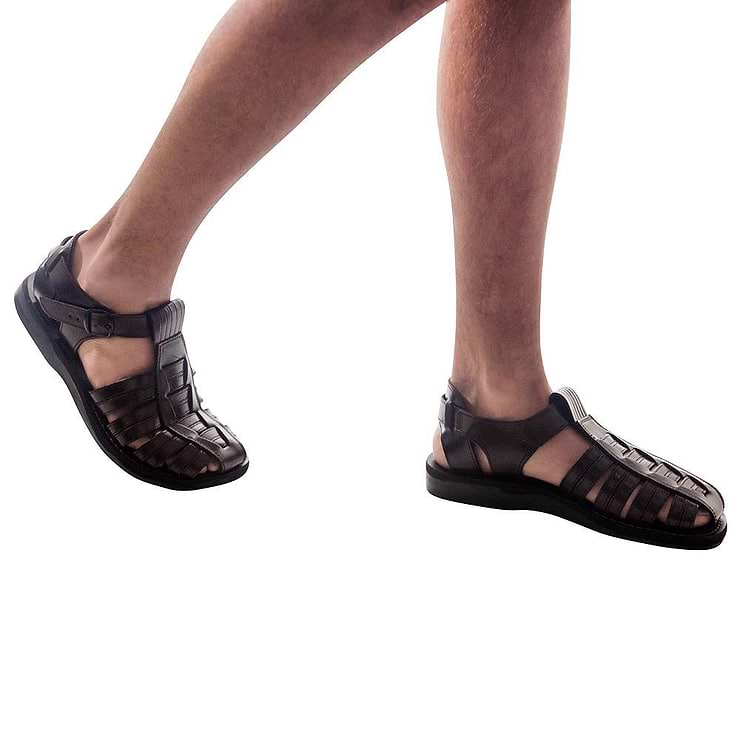 Model wearing Barak brown, handmade leather sandals fisherman sandal silhouette