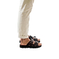 Model wearing Barnabas Brown, handmade leather slide sandals 