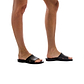 Model wearing Bashan black, handmade leather slide sandals 