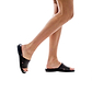 Model wearing Bashan black, handmade leather slide sandals 