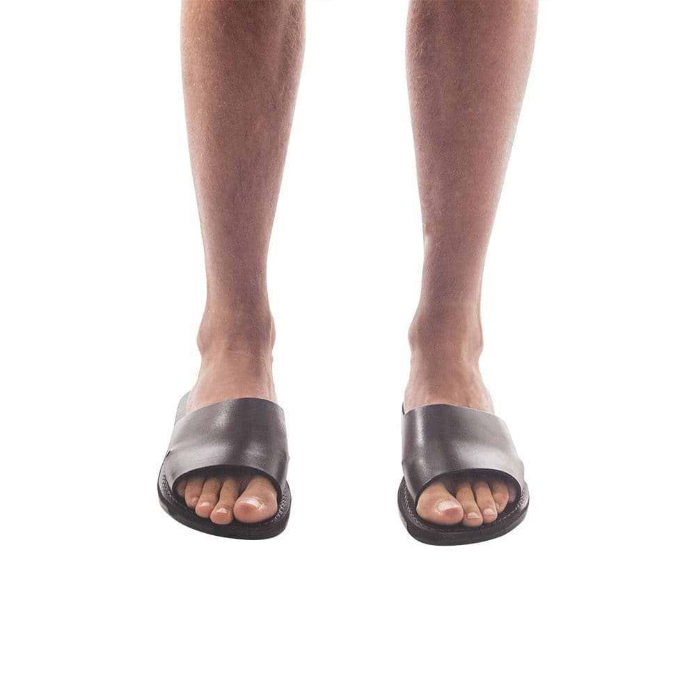 Model wearing Bashan brown, handmade leather slide sandals 